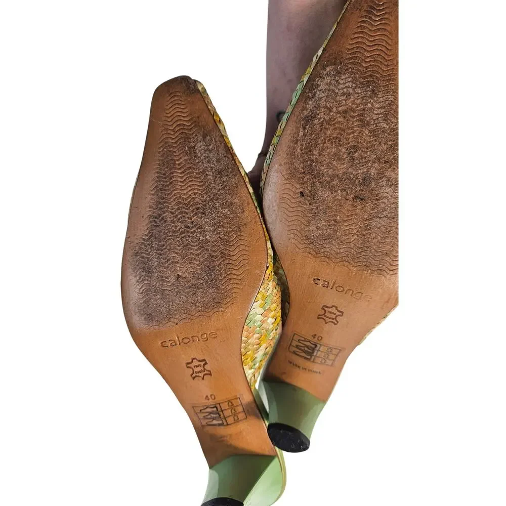 Calonge leather hand woven yellow green kitten mules Spain vintage 40 8.5 / 9